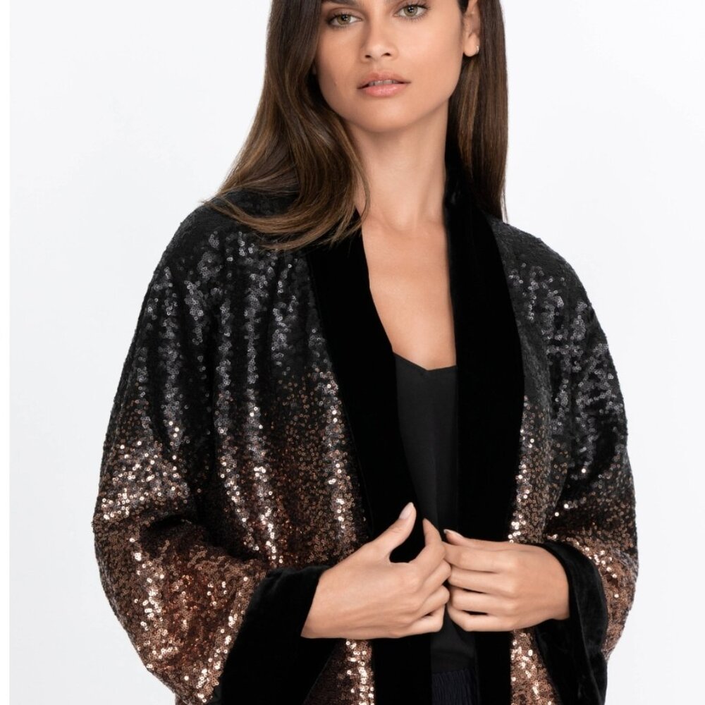 NWT JOHNNY‎ WAS Dorian Ombre Sequin Velvet Trim Open Front Kimono MSRP $425